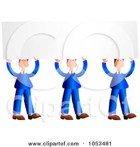 Royalty-Free Vector Clip Art Illustration of Three Businessmen In Blue Suits, Holding Up Blank Signs by Prawny