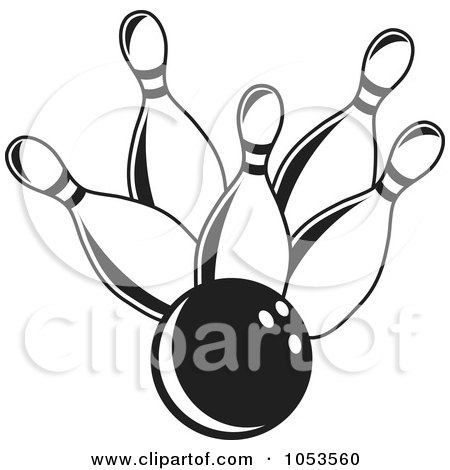 Royalty-Free Clip Art Illustration of a Black And White Bowling Ball And Five Pins by Prawny