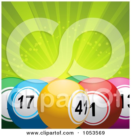 Royalty-Free 3d Vector Clip Art Illustration of a Background Of Colorful 3d Bingo Or Lottery Balls Over Green Rays by elaineitalia