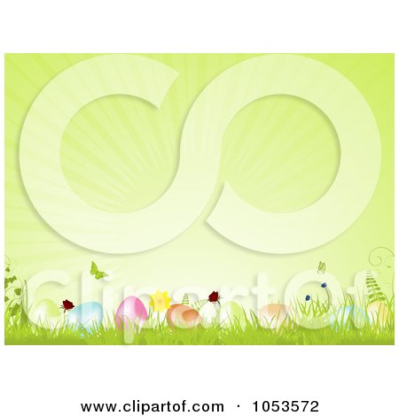 Royalty-Free Vector Clip Art Illustration of a Green Easter Background Of Butterflies Over Eggs In Grass by elaineitalia