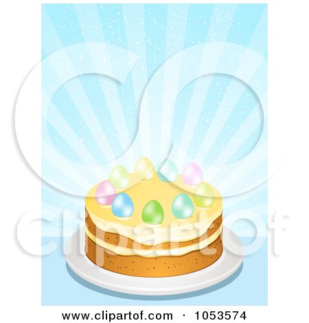 Royalty-Free Vector Clip Art Illustration of Easter Eggs On Top Of A Cake Against Blue Rays by elaineitalia