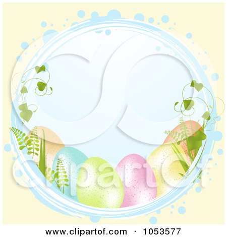Royalty-Free Vector Clip Art Illustration of a Blue Easter Circle With Eggs And Vines Over Pastel Yellow by elaineitalia