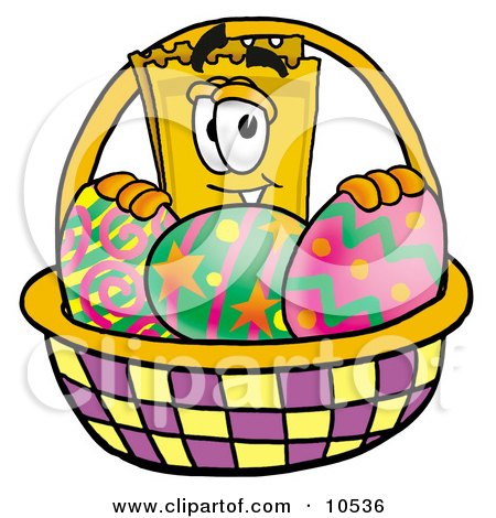 Clipart Picture of a Yellow Admission Ticket Mascot Cartoon Character in an Easter Basket Full of Decorated Easter Eggs by Mascot Junction