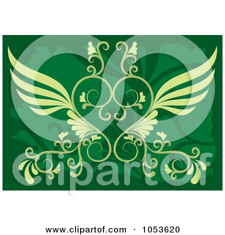 Royalty-Free Vector Clip Art Illustration of an Ornate Green Background With A Beautiful Winged Heart by Any Vector