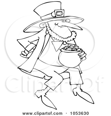 Royalty-Free Vector Clip Art Illustration of a Black And White Outline Of A Leprechaun With Gold by djart