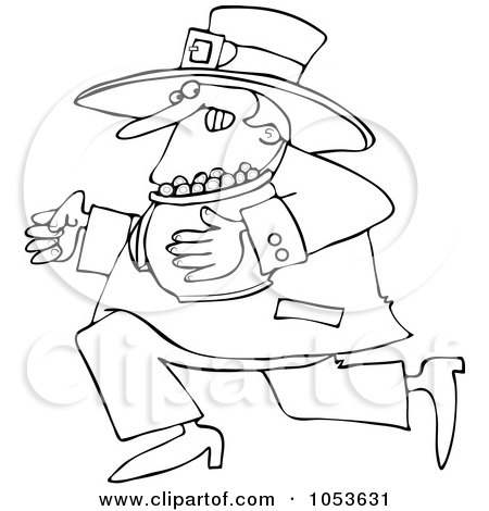 Royalty-Free Vector Clip Art Illustration of a Black And White Outline Of A Leprechaun Running With Gold by djart