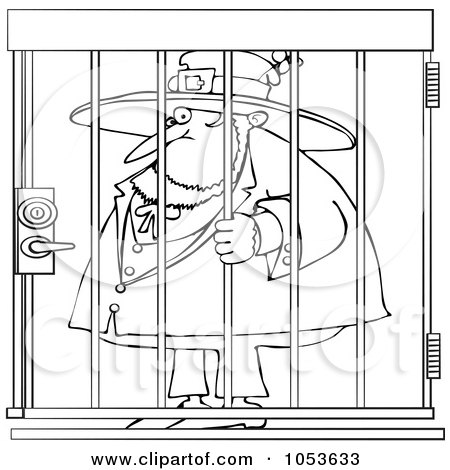 Royalty-Free Vector Clip Art Illustration of a Black And White Outline Of A Jailed Leprechaun by djart