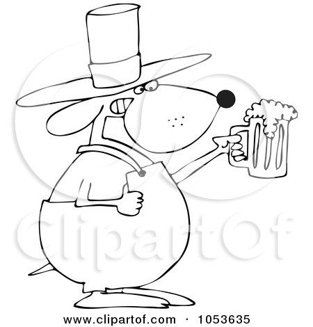 Royalty-Free Vector Clip Art Illustration of a Black And White Outline Of A St Patricks Day Dog Holding Beer by djart