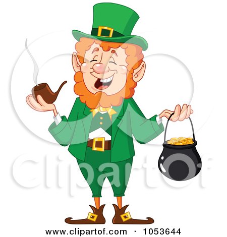 Royalty-Free Vector Clip Art Illustration of a Leprechaun Smoking A Pipe And Carrying A Pot Of Gold by yayayoyo