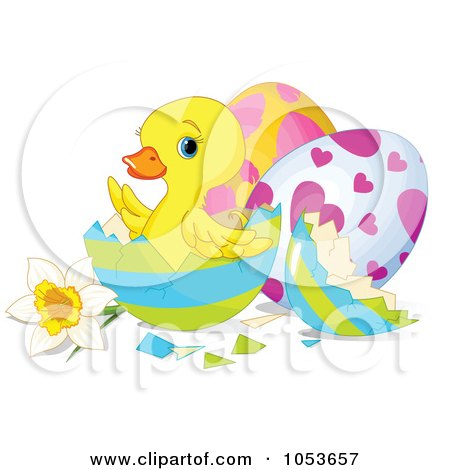 Royalty-Free Vector Clip Art Illustration of an Easter Duckling With A Daffodil And Eggs by Pushkin