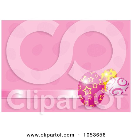Royalty-Free Vector Clip Art Illustration of a Pink Easter Background With A Ribbon And Eggs by Pushkin