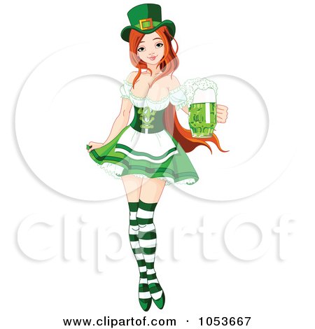 Royalty-Free Vector Clip Art Illustration of a Sexy St Patricks Day Pinup Girl Holding Beer by Pushkin
