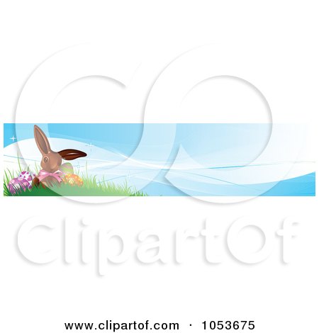 Royalty-Free Vector Clip Art Illustration of an Easter Egg And Chocolate Bunny On A Hill Website Banner by Pushkin