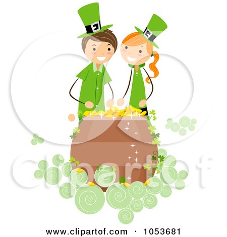 Royalty-Free Vector Clip Art Illustration of a St Patricks Day Stick Girl And Boy Over A Pot Of Gold by BNP Design Studio