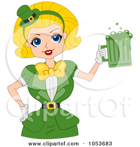 Royalty-Free Vector Clip Art Illustration of a Sexy St Patricks Day Pinup Woman Serving Green Beer by BNP Design Studio