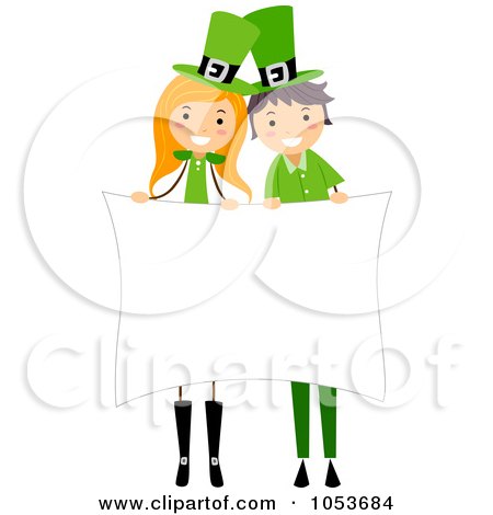 Royalty-Free Vector Clip Art Illustration of a St Patricks Day Stick Boy And Girl Holding A Blank Sign by BNP Design Studio