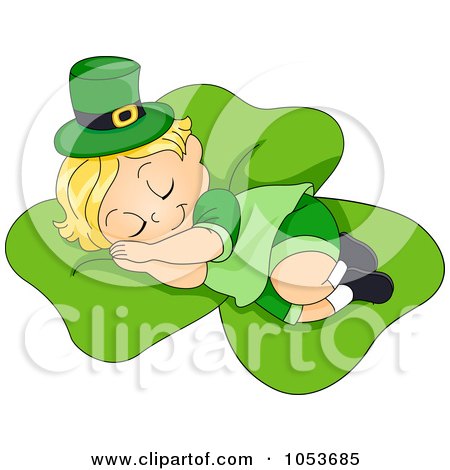 Royalty-Free Vector Clip Art Illustration of a Cute Leprechaun Toddler Sleeping On A Shamrock by BNP Design Studio