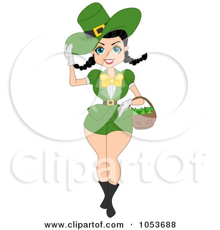 Royalty-Free Vector Clip Art Illustration of a Sexy St Patricks Day Pinup Woman Carrying A Basket Of Clovers by BNP Design Studio