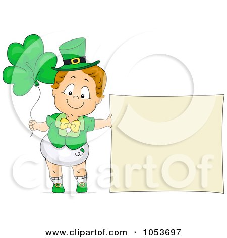 Royalty-Free Vector Clip Art Illustration of a Cute Toddler Boy With A Blank Sign And Clover Balloons by BNP Design Studio