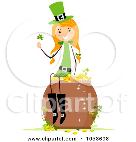Royalty-Free Vector Clip Art Illustration of a St Patricks Day Stick Girl Sitting On A Pot Of Gold by BNP Design Studio