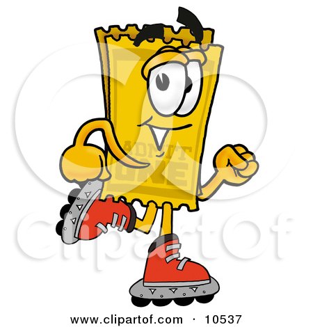 Clipart Picture of a Yellow Admission Ticket Mascot Cartoon Character Roller Blading on Inline Skates by Mascot Junction