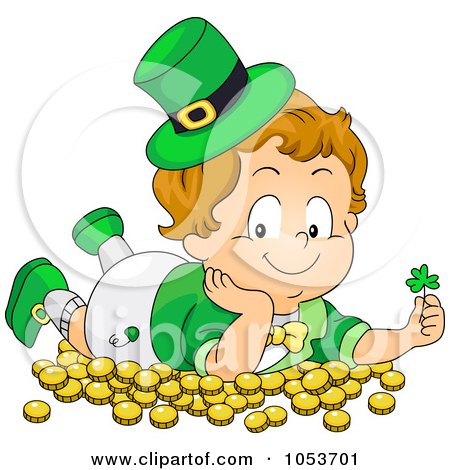 Royalty-Free Vector Clip Art Illustration of a Cute Leprechaun Toddler Laying In Gold And Holding A Clover by BNP Design Studio