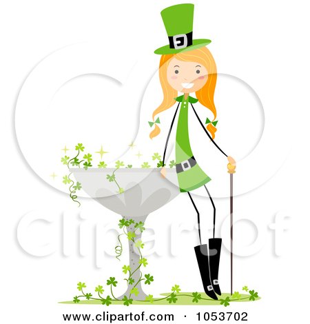 Royalty-Free Vector Clip Art Illustration of a St Patricks Day Stick Girl Leaning Against A Bird Bath by BNP Design Studio