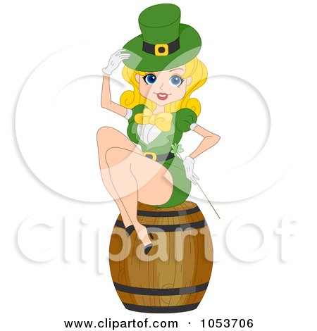 Royalty-Free Vector Clip Art Illustration of a Sexy St Patricks Day Pinup Woman Sitting On A Barrel by BNP Design Studio