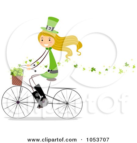 Royalty-Free Vector Clip Art Illustration of a St Patricks Day Stick Girl Riding A Bike With Clovers In Her Basket by BNP Design Studio