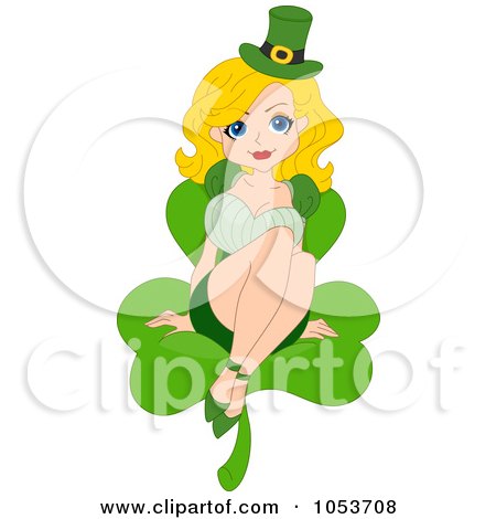 Royalty-Free Vector Clip Art Illustration of a Sexy St Patricks Day Pinup Woman Sitting On A Clover by BNP Design Studio