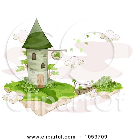 Royalty-Free Vector Clip Art Illustration of a Foot Bridge Connecting A Floating Island To A St Patricks Tower by BNP Design Studio