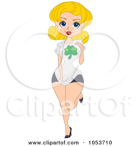 Royalty-Free Vector Clip Art Illustration of a Sexy St Patricks Day Pinup Woman In A Clover T Shirt by BNP Design Studio