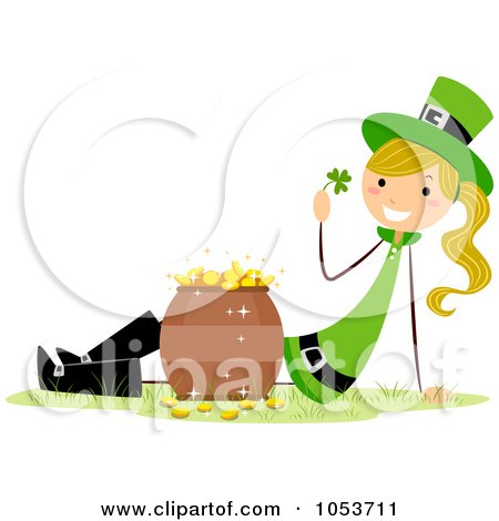 Royalty-Free Vector Clip Art Illustration of a St Patricks Day Stick Girl By A Pot Of Gold by BNP Design Studio