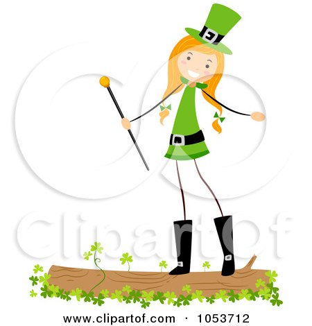 Royalty-Free Vector Clip Art Illustration of a St Patricks Day Stick Girl Standing On A Log by BNP Design Studio