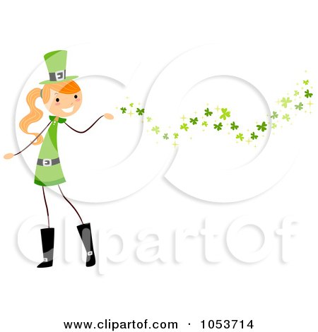 Royalty-Free Vector Clip Art Illustration of a St Patricks Day Stick Girl Blowing Clovers by BNP Design Studio