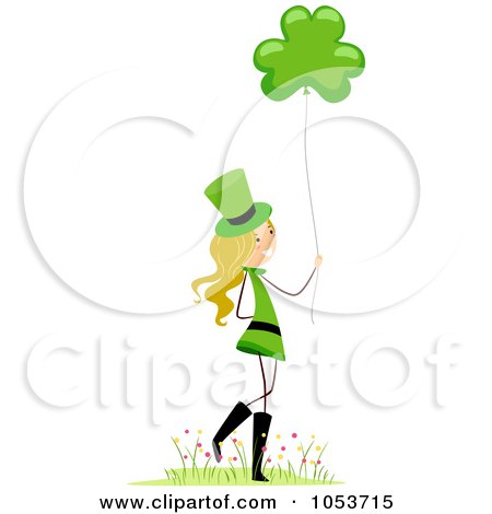 Royalty-Free Vector Clip Art Illustration of a St Patricks Day Stick Girl With A Clover Balloon by BNP Design Studio