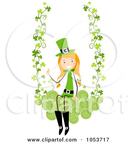 Royalty-Free Vector Clip Art Illustration of a St Patricks Day Stick Girl Swinging On Clovers And Swirls by BNP Design Studio