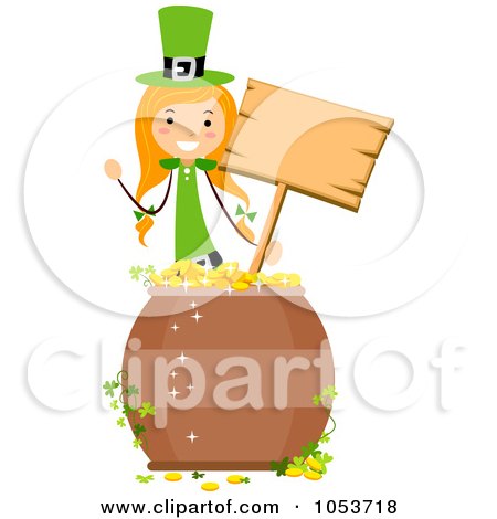 Royalty-Free Vector Clip Art Illustration of a St Patricks Day Stick Girl Holding A Sign Behind A Pot Of Gold by BNP Design Studio