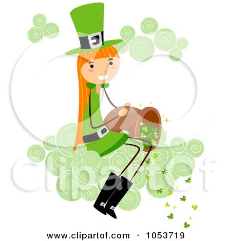 Royalty-Free Vector Clip Art Illustration of a St Patricks Day Stick Girl Pouring Clovers From A Cloud by BNP Design Studio