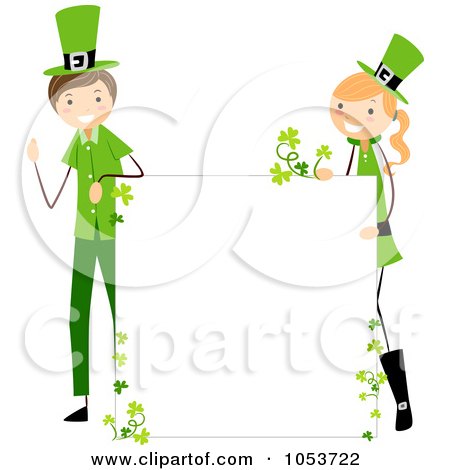 Royalty-Free Vector Clip Art Illustration of a St Patricks Day Stick Boy And Girl With A Blank Sign by BNP Design Studio