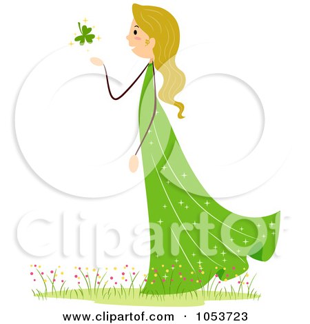 Royalty-Free Vector Clip Art Illustration of a St Patricks Day Stick Girl Blowing A Clover by BNP Design Studio