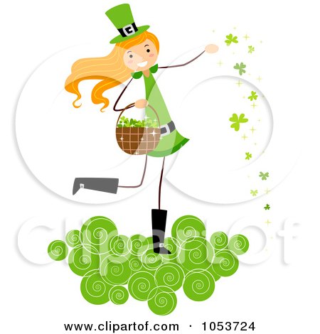 Royalty-Free Vector Clip Art Illustration of a St Patricks Day Stick Girl On A Cloud, Tossing Clovers by BNP Design Studio