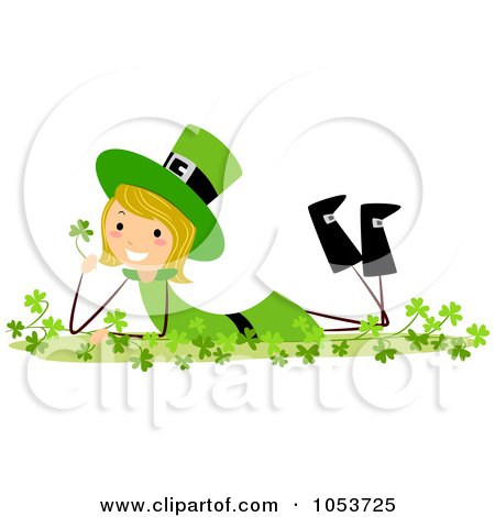 Royalty-Free Vector Clip Art Illustration of a St Patricks Day Stick Girl Laying In Clovers by BNP Design Studio