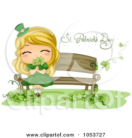 Royalty-Free Vector Clip Art Illustration of a Cute St Patricks Day Girl Smelling Shamrocks On A Bench by BNP Design Studio