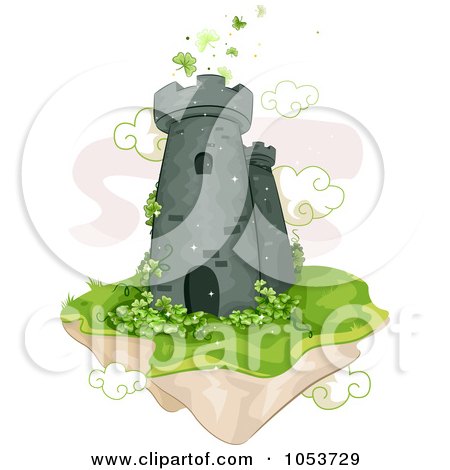 Royalty-Free Vector Clip Art Illustration of a Floating Castle Tower With Shamrocks by BNP Design Studio