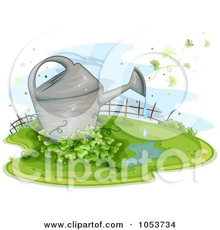 Royalty-Free Vector Clip Art Illustration of a Dripping Watering Can In A Shamrock Garden by BNP Design Studio