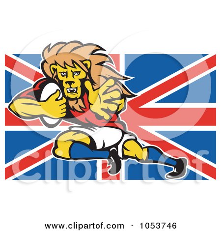 Royalty-Free Vector Clip Art Illustration of a Rugby Lion Over A British Flag by patrimonio