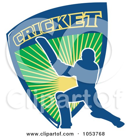 Royalty-Free Vector Clip Art Illustration of a Blue Cricket Batsman With A Shield by patrimonio