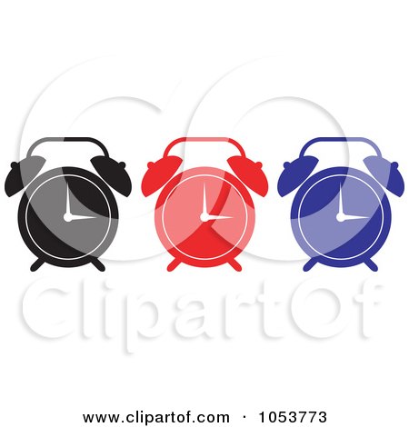 Royalty-Free Vector Clip Art Illustration of a Digital Collage Of Black, Red And Blue Alarm Clocks by patrimonio