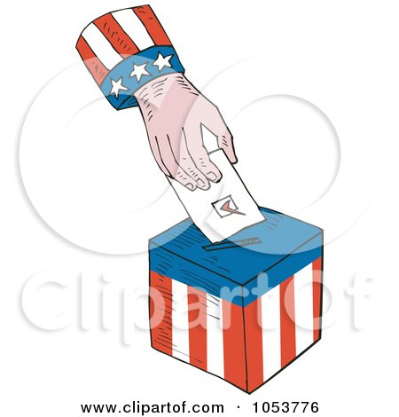 Royalty-Free Vector Clip Art Illustration of an American Hand Inserting A Vote Into A Ballot Box by patrimonio